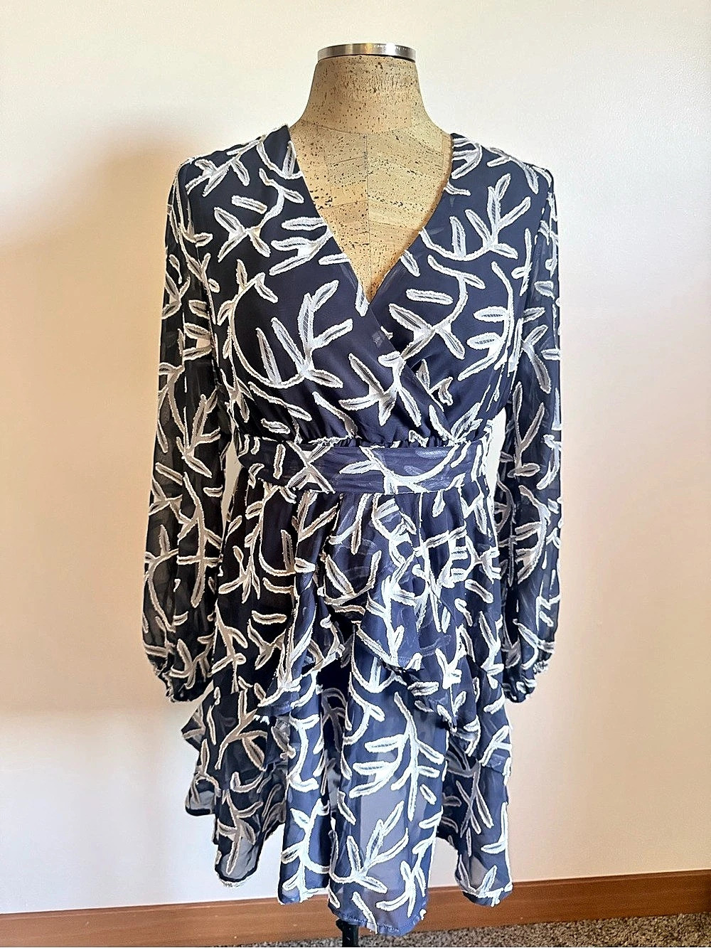 Embroidered Mini Dress in Blue & White Size Small